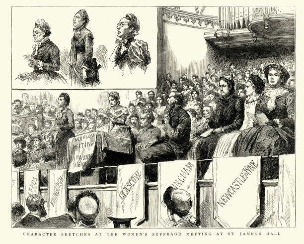 spotkanie w wyborach kobiet w st james's hall, 1884, xix wiek - suffragette stock illustrations