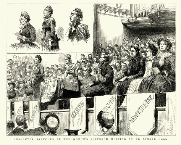 Women's suffrage meeting at St James's Hall, 1884, 19th Century Vintage engraving of sketches from the Women's suffrage meeting at St James's Hall, 1884, 19th Century voting rights stock illustrations