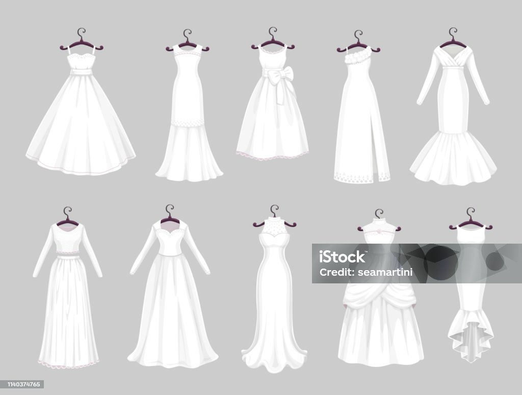 White wedding dresses on hangers, marriage clothes Wedding dress on hangers isolated icons set. Vector Save the Date greeting, engagement and marriage party invitation or bride tailor salon symbols of white wedding dress with veils and laces Dress stock vector