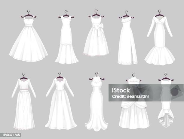 White Wedding Dresses On Hangers Marriage Clothes Stock Illustration - Download Image Now - Dress, Bridesmaid, Icon Set