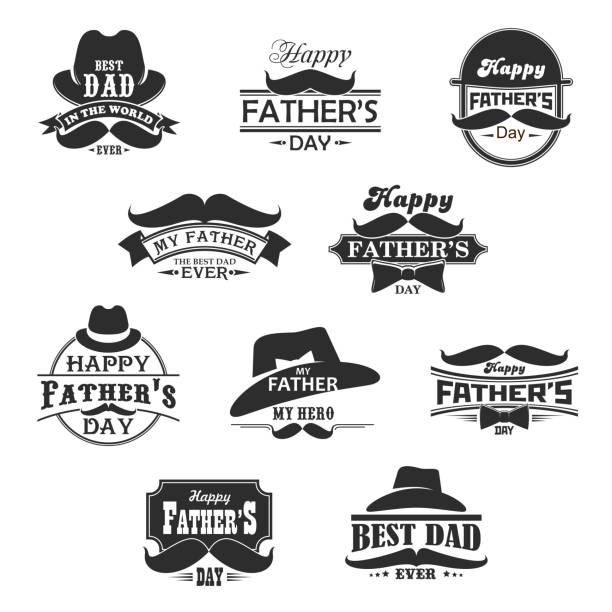 Happy Father Day mustaches and hat icons Father day holiday greetings, mustaches and ribbons icons. Happy Fathers Day symbols of gentleman hat and bow tie with My Father Hero and Best Ever Dad black and white banners best dad ever stock illustrations