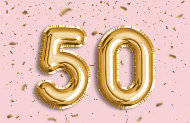 50 Years golden Foil Balloon anniversary logotype. 50 years anniversary. Happy birthday joy celebration.Gold balloons & confetti for greeting card, banner, birthday invitation, celebrate anniversary. 50 Years golden Foil Balloon anniversary logotype. number 50 stock pictures, royalty-free photos & images