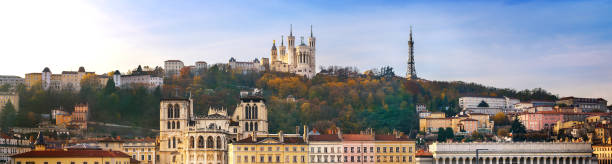 Lyon and fourviere hill Lyon city and fourviere hill in front of the saone river, Rhone alpes auvergne, France fourviere stock pictures, royalty-free photos & images