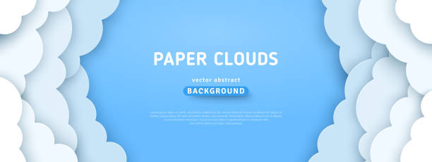 Clouds on blue sky border Beautiful fluffy clouds on blue sky background. Vector illustration. Paper cut style. Place for text multi layered effect illustrations stock illustrations