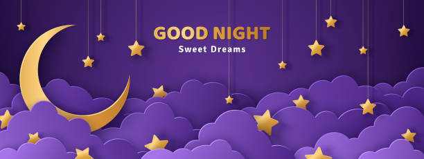 Good night and sweet dreams banner Good night and sweet dreams banner. Fluffy clouds on dark sky background with gold moon and hanging stars. Vector illustration. Paper cut style. Place for text bedtime stock illustrations
