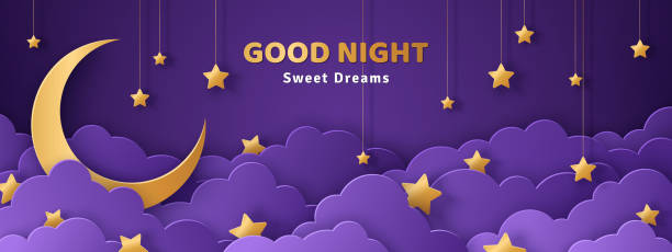 Good night and sweet dreams banner Good night and sweet dreams banner. Fluffy clouds on dark sky background with gold moon and hanging stars. Vector illustration. Paper cut style. Place for text going to bed cartoon stock illustrations
