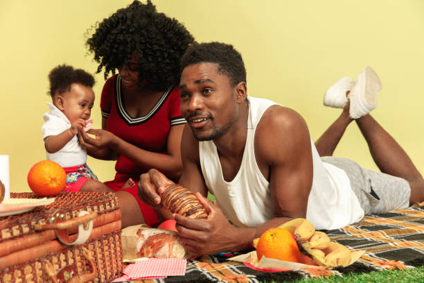 istock Happy family having picnic at studio 1140380407