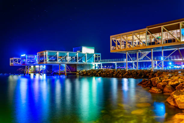 Night view of restaurants at the old port of Limassol, Cyprus Night view of restaurants at the old port of Limassol, Cyprus limassol marina stock pictures, royalty-free photos & images