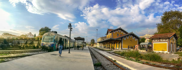 Volos, Greece - October 15th, 2018: Panoramic view of the old train station in Volos, Greece.