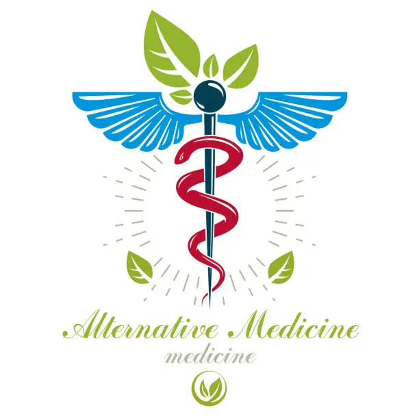 Vector illustration of Aesculapius vector abstract sign, Caduceus symbol composed with bird wings for use in medical treatment.