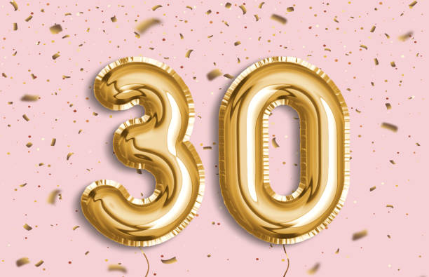 30 Years golden Foil Balloon anniversary logotype. 30 years anniversary. Happy birthday joy celebration.Gold balloons & confetti for greeting card, banner, birthday invitation, celebrate anniversary. 30 Years golden Foil Balloon anniversary logotype. number 30 stock pictures, royalty-free photos & images