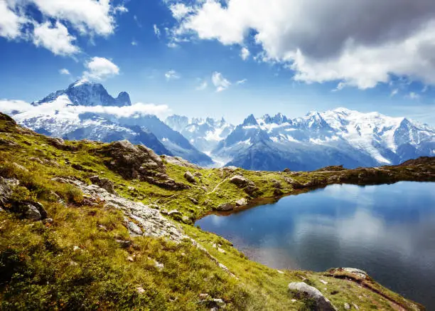 Photo of Views of the Mont Blanc glacier with Lac Blanc. Location place Nature Reserve Aiguilles Rouges, Graian Alps, France, Europe.