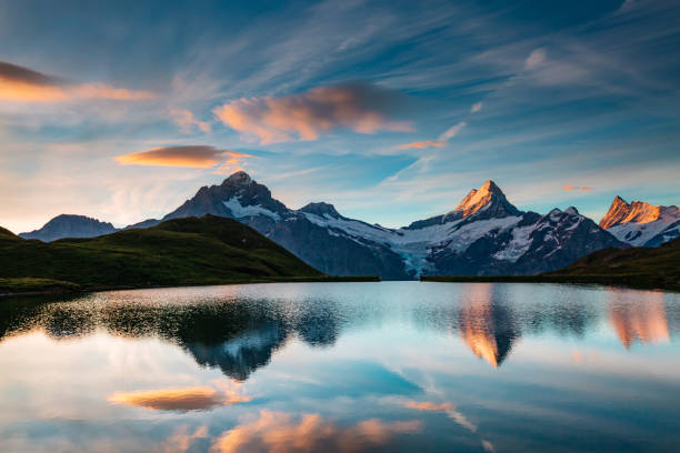 Great view of the snow rocky massif. Location place Bachalpsee in Swiss alps, Grindelwald valley, Bernese Oberland, Europe. Great view of the snow rocky massif. Popular tourist attraction. Dramatic and picturesque scene. Location place Bachalpsee in Swiss alps, Grindelwald valley, Bernese Oberland, Europe. Beauty world. spectacular view stock pictures, royalty-free photos & images