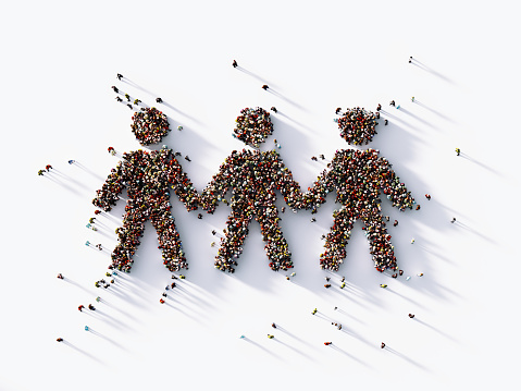 Human crowd forming a human link symbol on white background. Horizontal  composition with copy space. Clipping path is included. Bonding and social Media concept.