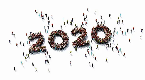 Human crowd forming 2020 on white background. Horizontal  composition with copy space. Directly above. Clipping path is included. 2020 and new year concept.