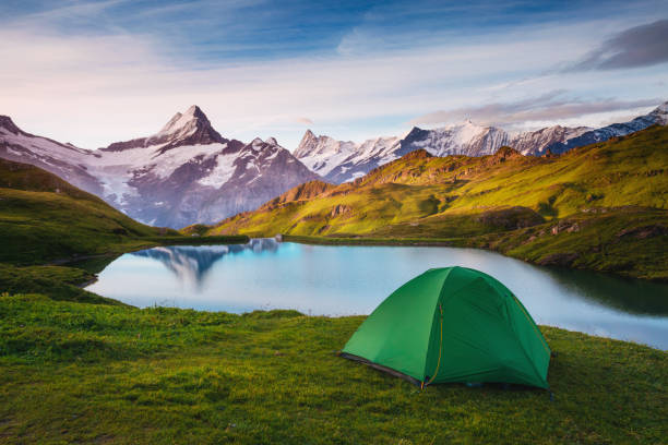 alpejska dolina świecąca przez światło słoneczne. lokalizacja miejsce bachalpsee w alpach szwajcarskich, grindelwald. - switzerland lake beauty in nature nature zdjęcia i obrazy z banku zdjęć