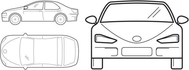 자동차, 라인 디자인입니다. 상단, 전면 및 측면 보기 - road transportation hybrid vehicle environmental conservation stock illustrations