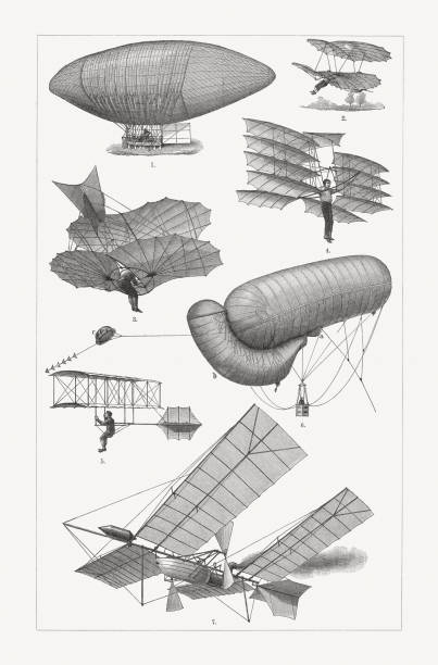 ilustrações, clipart, desenhos animados e ícones de máquinas de vôo históricas, gravuras de madeira, publicadas em 1898 - airplane biplane retro revival old fashioned