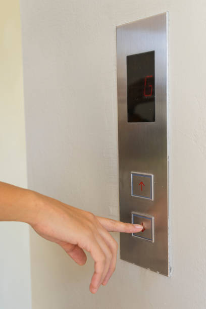 istock woman hand pushing the lift's button. 1140390781