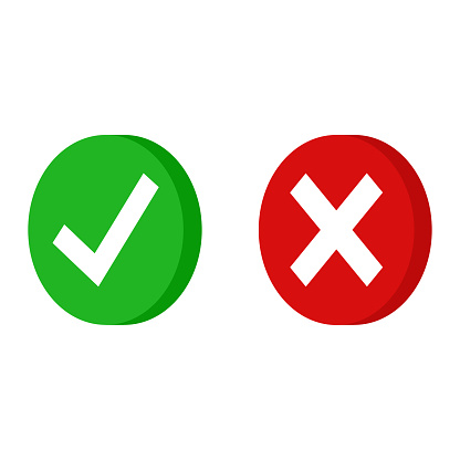 Green checkmarck done and red x icon. Cross and tick signs. Isometric icons for applications. EPS 10