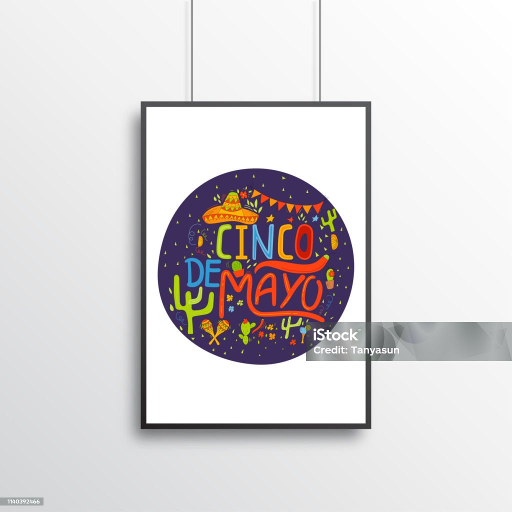 Banner or card for Cinco de Mayo celebration. Holiday poster with hand drawn calligraphy lettering Banner or card for Cinco de Mayo celebration. Holiday poster with hand drawn calligraphy lettering, sombrero, cactus, chilli, tequila and maracas. Vector Mexican fiesta. May 5, federal holiday in Mexico Border - Frame stock vector