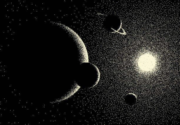 Space landscape with scenic view on planet and stars made with retro dotwork style Space landscape with scenic view on planet and stars made with retro styled dotwork space exploration stock illustrations