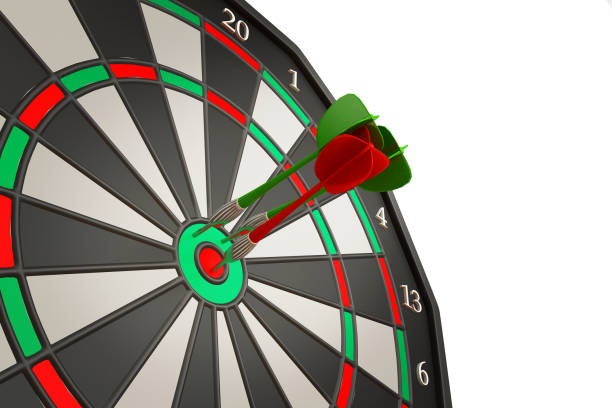 センターターゲットの3つのダーツ矢印、ビジネス目標のコンセプトイメージ。3d イラスト。 - bulls eye dart darts three objects ストックフォトと画像