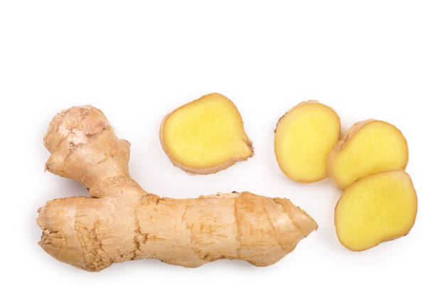 istock fresh Ginger root and slice isolated on white background with copy space for your text. Top view. Flat lay 1140400289