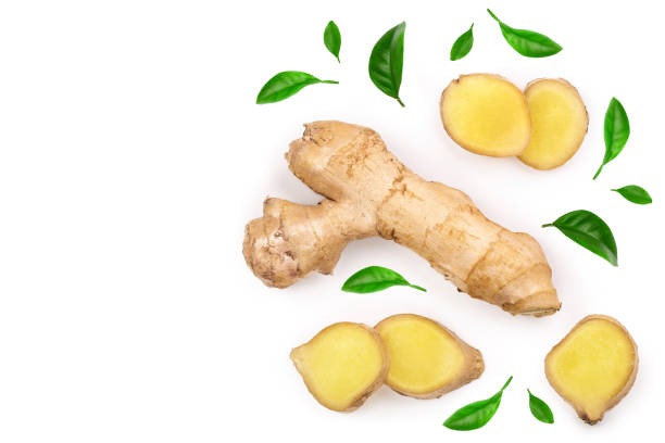 istock fresh Ginger root and slice isolated on white background with copy space for your text. Top view. Flat lay 1140400294