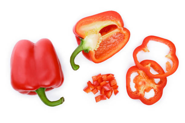 istock red sweet bell pepper isolated on white background. Top view. Flat lay 1140400297