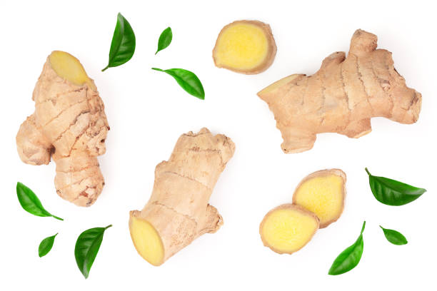 istock fresh Ginger root and slice isolated on white background. Top view. Flat lay 1140400298