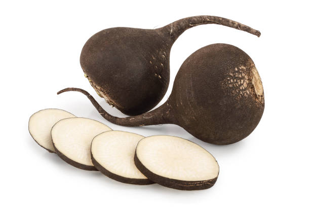 istock Black radish with slices isolated on white background 1140400329