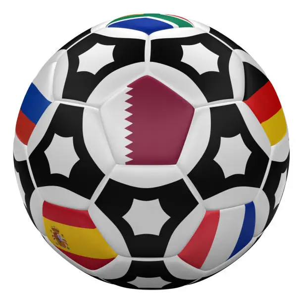 Soccer ball with flags, isolated on white background. 3D rendering.