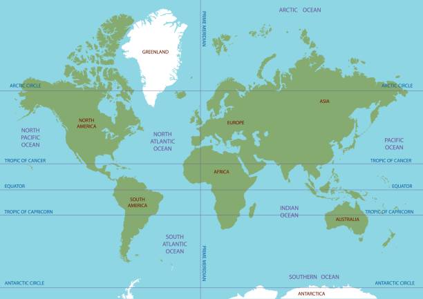 Vector map of the world. Oceans and continents on a flat projection. Vector map of the world. Oceans and continents on a flat projection. The globe on the plane. Vector illustration equator stock illustrations