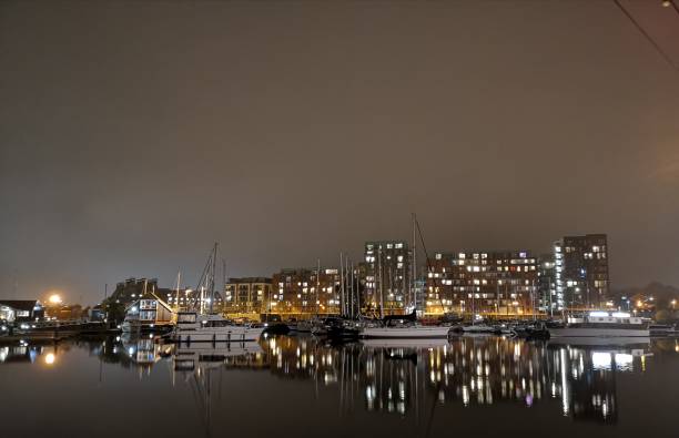 istock Foggy Waterfront Marina Harbour Light Up At Night 1140405631