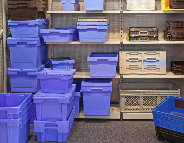 Plastic Boxes Bins Trays and Boxes For Parts and Tools Storage in Shelf filing tray stock pictures, royalty-free photos & images