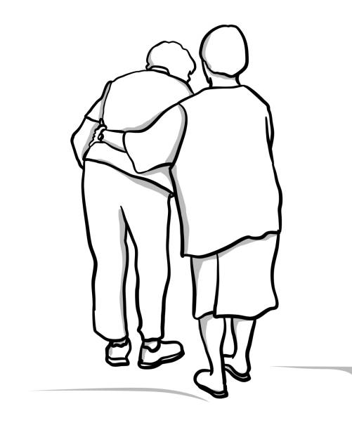 Best Friend Forever Elderly Two elderly lady friends walking away,  one is supporting her friend who has difficulty walking.  Gracefully aging together as friends vector illustration mother drawings stock illustrations