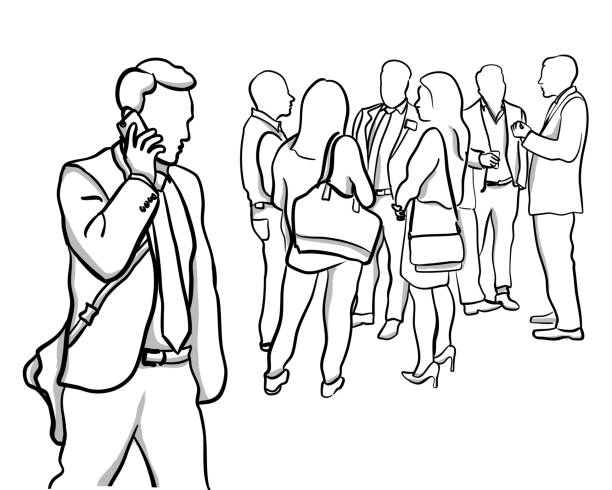 Business Non Stop Businessman talking on his cellphone while passing a group of business people, standing and talking non gender figure stock illustrations