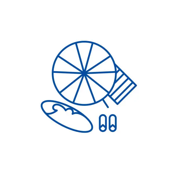 Vector illustration of Beach umbrella and swimming board line icon concept. Beach umbrella and swimming board flat  vector symbol, sign, outline illustration.