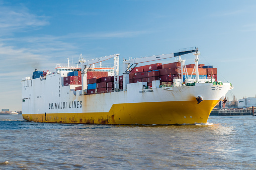 Hamburg, Germany - February 15, 2019: Grande Luanda cargo ship at River Elbe. Ship of Grimaldi Lines.