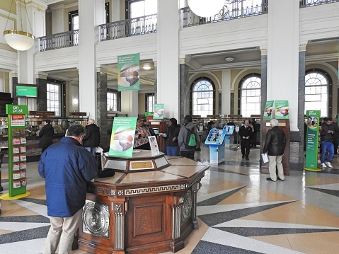4th April 2019, Dublin, Ireland. The inside of the GPO on O'Connell Street, a working post office and scene of the 1916 Rising.