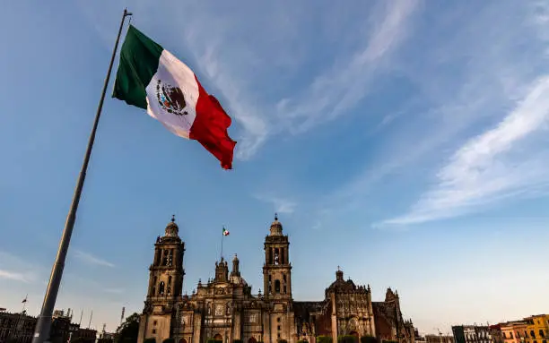 Mexico flag in the wind the background the cathedral in Mexico City