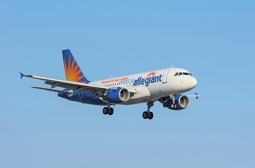 Image showing an Allegiant Airlines Airbus approaching the Los Angeles International Airport, LAX, for landing. Allegiant is a low-cost US airline.