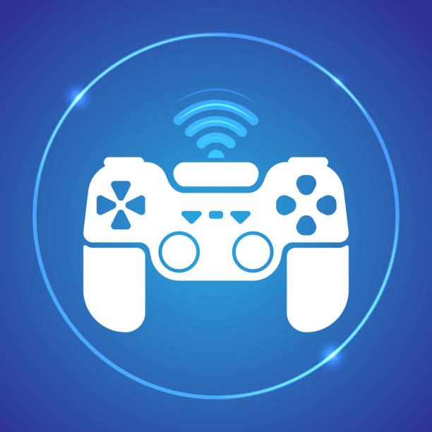 istock White Vector illustration of the gamepad with Wi-fi. White on blue. 1140419773