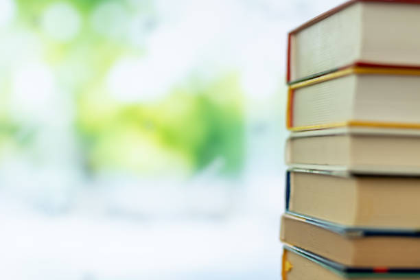 istock Book stack in the library room and blurred trees on street back to school concept 1140419796