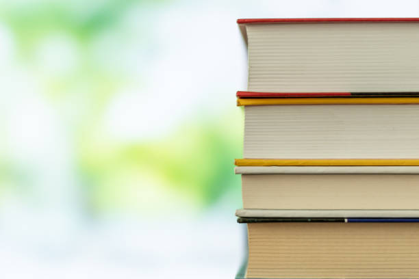 istock Book stack in the library room on tabel and blurred trees on street back to school concept 1140419818