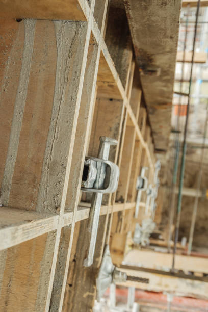 istock Wooden formwork with connecting lock for bridge reconstruction 1140420757
