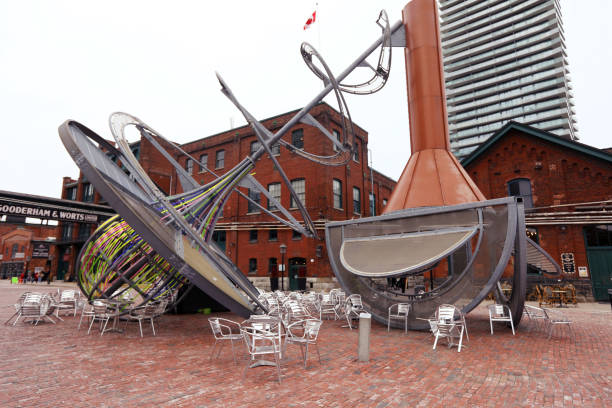Toronto, Ontario, Canada - April 2, 2019: Historic Distillery District in Toronto, Canada with its decorations and tourists. Historic places in Toronto, Canada. Tourism in Ontario. Travelling in Canada. Sightseeing in Toronto, Ontario, Canada. Brick walls and streets in Distillery District.