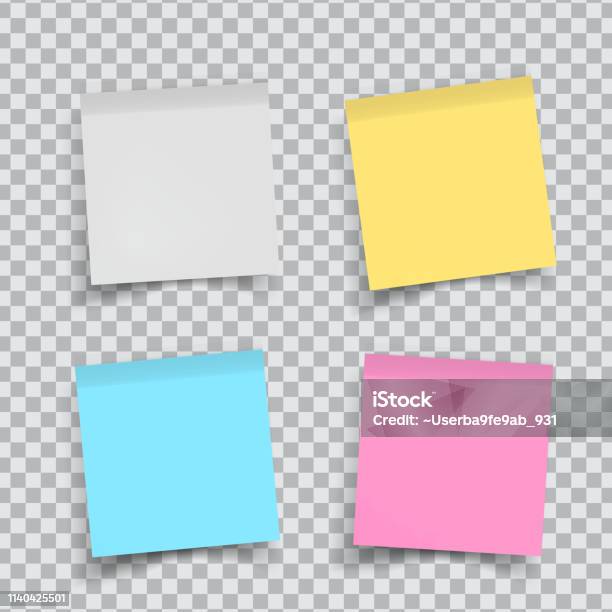 Set Of Color Stickers Papers On Transparent Note Paper With Curled Corner Vector Isolated On White Background Stock Illustration - Download Image Now