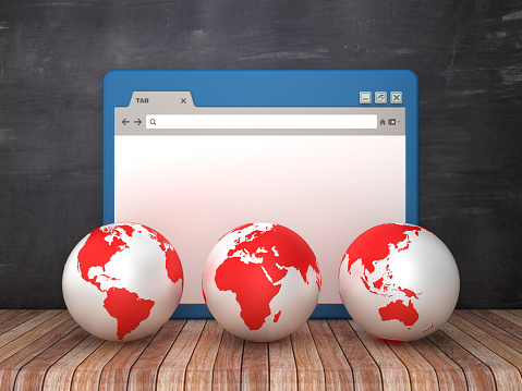 Web Browser with Globes World on Chalkboard Background  - 3D Rendering